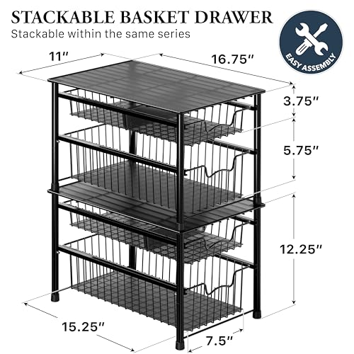 Stackable Sliding Basket Organizer Drawer (2-tier / Black)