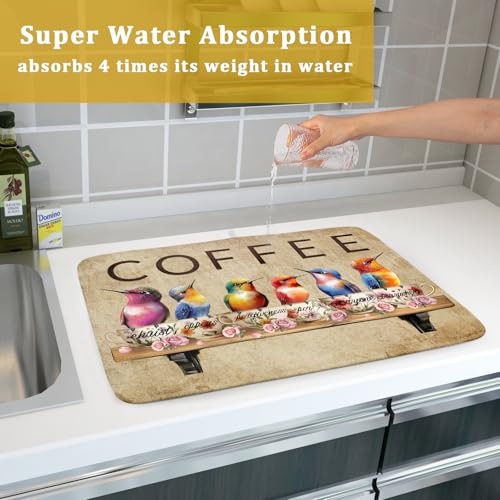 Retro Birds Dish Drying Mat Cups Coffee Mat for Counter Home Coffee Bar Decor Large (Bird Cups 511 / 24" x 18")