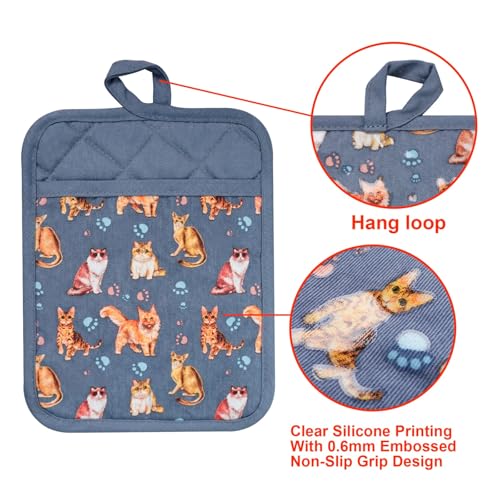 Pot Holders Set of 2 (Cat, Blue Potholders)