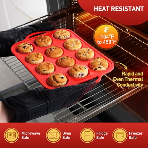 12 Cups Silicone Muffin Pan with Metal Reinforced Frame Regular Size Cupcake Pan Tray Egg Bites Silicone Circle Cookie Molds Muffin Tin Tart Pans Baking Sheet Set for Breakfast Sandwiches (1pc: 12-Cup Regular / Red)