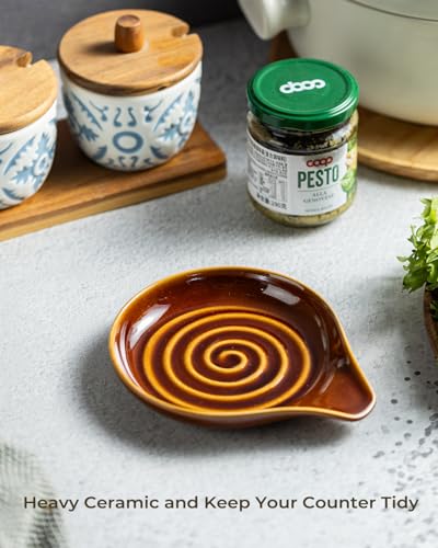 Spoon Rest Ceramic Spoon Rest for Stove Top Cooking Spoon Holder (Dark Brown)