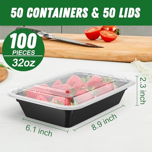 50 Pack (100-Piece) 32 oz Meal Prep Containers Reusable with Lids (32 oz)