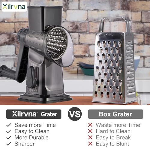 Rotary Cheese Grater with Handle Kitchen Shredder Slicer Grater Slicer Ice Shaver Cheese Vegetable Nuts Potato Zucchini Chocolate 3 Interchangeable Blades (9.06"L x 4.33"W x 9.07"H / Dark Gray)