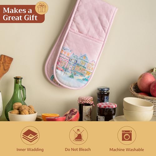 Double Oven Mitts 100% Cotton Double Oven Glove (124 - Christmas Market - Pink / 7" x 35" (Double Oven Mitt))