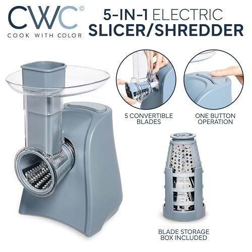 5-in-1 Electric Slicer, 150W Food Prep Machine – Parmesan Shredder, Fine & Coarse Graters, Potato Grater, Vegetable Slicer, Compact Design for Bowl Prep, Blue/Grey (Blue/Grey)