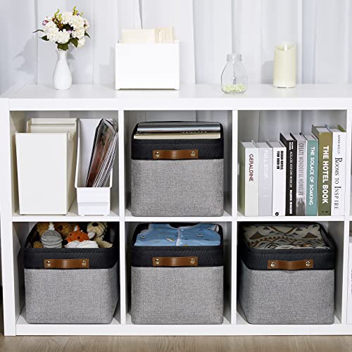 4 Pack Large Canvas Storage Bins with Handles 15"x11"x9.5" Fabric Storage Baskets for Shelves Cloth Bins for Organizing (Black&Grey / L-15"x11"x9.5")