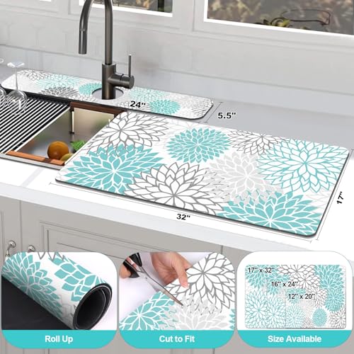 2Pcs Dish Drying Mat & Sink Splash Guard (Teal / 17" X 32" + 24" X 5.5")