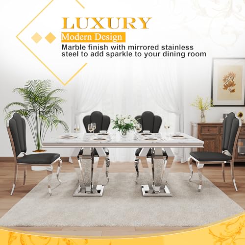 7 Piece Luxury Dining Room Set (Silver White + Black / Dining Table + 6 Petal Chairs)