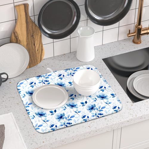 Blue Floral Dish Drying Mat 16x18 inch Flower Leaves Dish Rack Pad Microfiber Washable Dishes Drainer Pad Kitchen Countertop Accessories (Blue Floral / 16 x 18 inch)