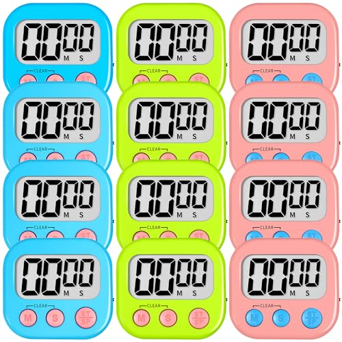 Digital Kitchen Classroom Timers for Kids Cooking 12pcs Blu Grn Pk (Blue & Green & Pink)