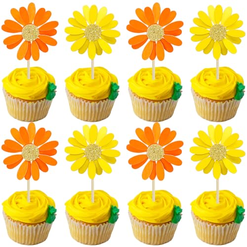 24Pcs Orange Daisy Cupcake Toppers Flower Cake Toppers Daisy Cake Decorations Chrysanthemum Cupcake Toppers Spring Daisy Flower Cake Picks for Birthday Wedding Supplies (24 Count)