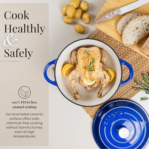 Enamelled Cast Iron Dutch Oven Pot with Lid (Dark Blue / 6.4-Quart - Deep)