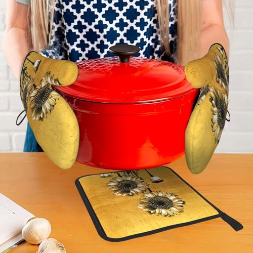 Sunflower Oven Mitts and Pot Holders Set of 3 Gold Oven Glove (Sunflower)
