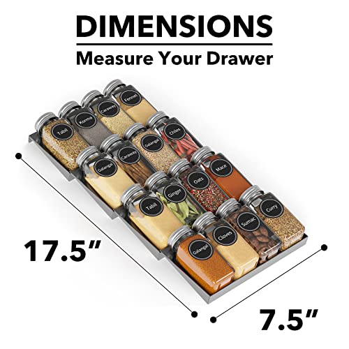Spice Drawer Organizer with 16 Spice Jars (16 Jars, 7.5" Wide)