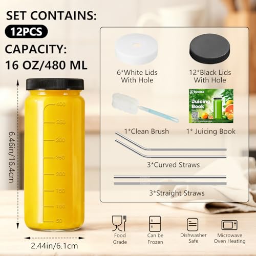 12pack 16oz Glass Juice Bottles with Lids & Straws & Juicing Recipe (Transparent / 16oz-12pack)