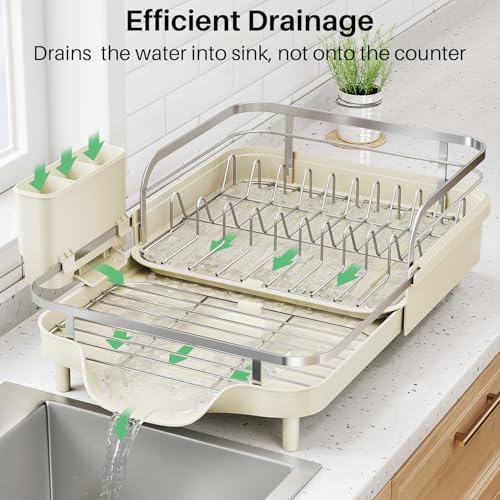 Expandable Dish Drying Rack for Kitchen Counter (Beige)