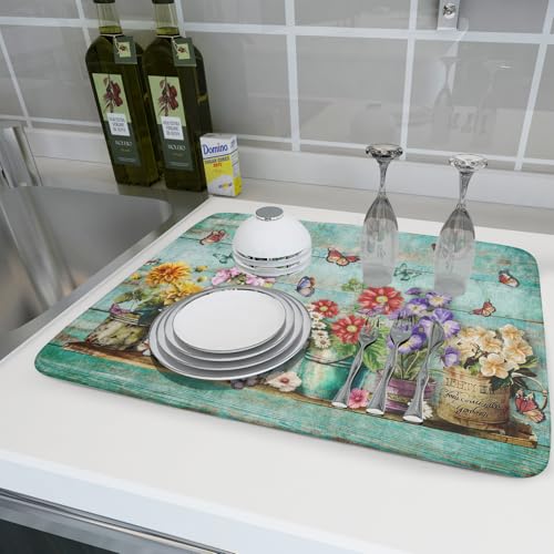 Spring Floral Rustic Dish Drying Mat for Kitchen Counter Absorbent Microfiber Large Drying Pad 18 x 24 Inch Flowers Jars (Green Flowers Jars / 24" x 18")