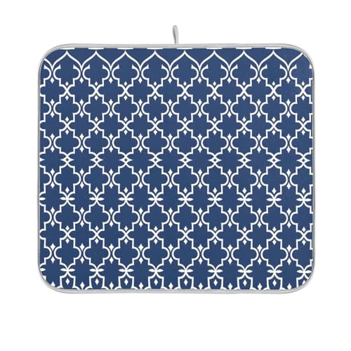 Super Absorbent Dish Drying Mat Microfiber Fast (Navy Blue Moroccan Mandala / 16" x 18")