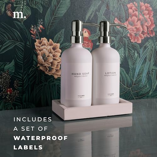 Soap and Lotion Dispenser Set (White Bottles Silver Pumps White Tray)