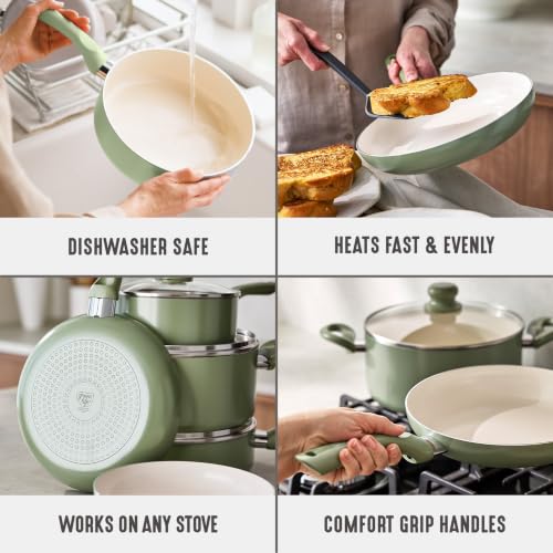 16pc Ceramic Nonstick Pots & Pans Cookware Set (16 Piece Cookware Set / Bloom / Sage Green)