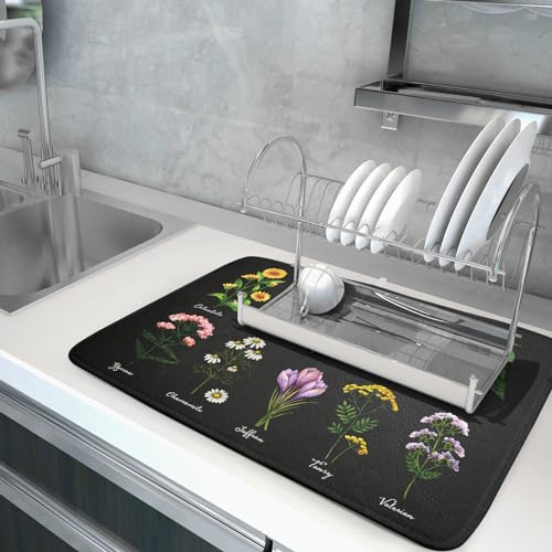 Black Flower Herbs Dish Drying Mat 18x24 Inch Botanical Floral Microfiber Drying Mats with Hanging Loop Foldable Absorbent Dish Drainer Rack Pad (Black Flower Herbs / 18" x 24")