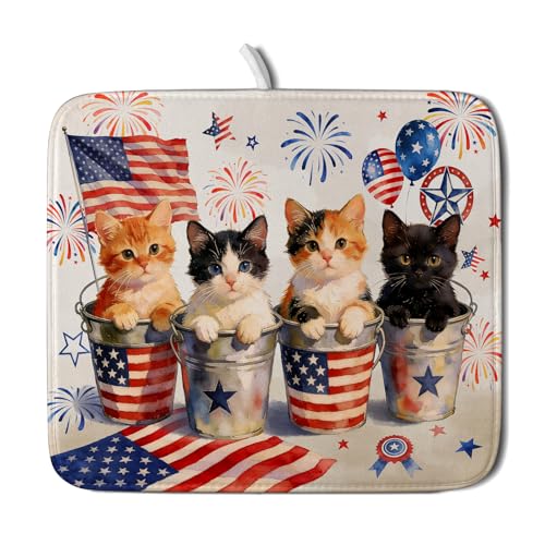 Happy 4th of July Patriotic Dish Drying Mat 16 x 18 In Independence Day Vintage Kitchen Drying Mat (Patriotic Cat White / 18" x 16")