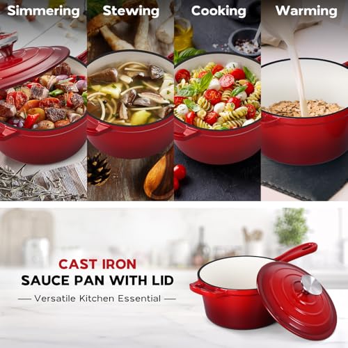 Enameled Cast Iron Sauce Pan (Red / 1+2 Quarts)