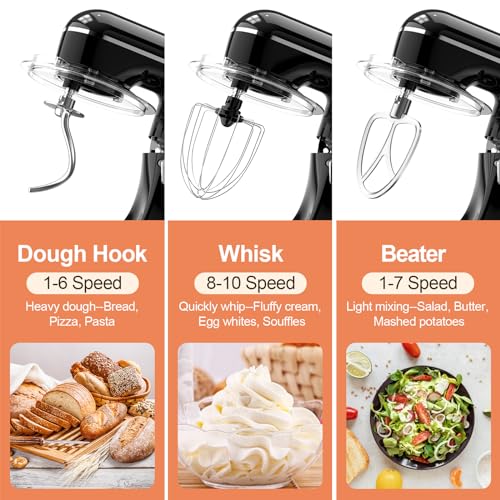 3-IN-1 Electric Stand Mixer, 6.5QT Bowl 660W 10-Speed Kitchen Mixer, Household Food Mixers include Dough Hook, Beater and Whisk, Bread Cake Mixer for Baking and Most Home Cooks, Black (Black)