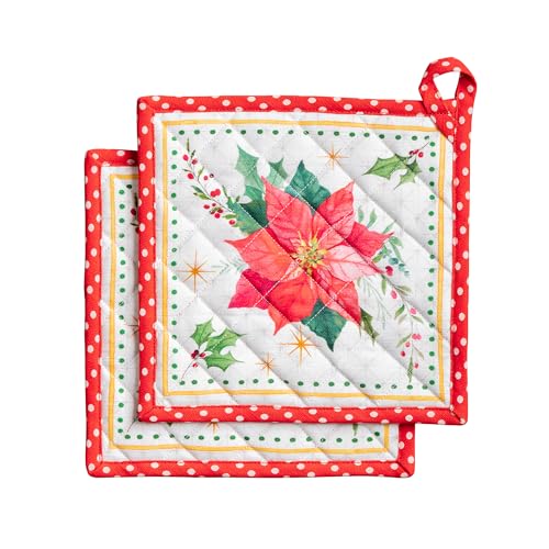 Pot Holders 100% Cotton Potholders (117 - Poinsettia Christmas / 8" x 8" (Pot Holder Pack of 2))