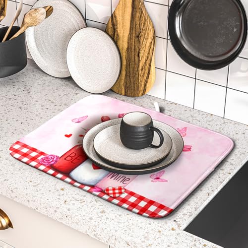 Rose Vase Dish Drying Mat 16x18 inch Romantic Floral Washable Absorbent Dish Dry Pad Fast Dry Drainer Rack Mats Kitchen Counter Accessories (Rose Floral Vase / 16" x 18")