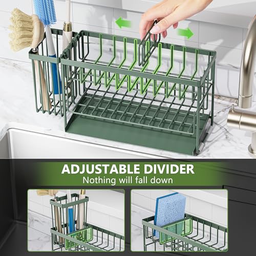Sage Green 2 Tier Kitchen Sink Caddy Organzier Rack with Flexible Dish Brush Holder (Sage Green / Medium)