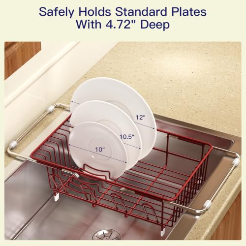 Red Expandable Dish Drying Rack Over Sink with Extra Drying Mat (Red / For 11.5"-16" W Sink with Cup Holder & Mat)