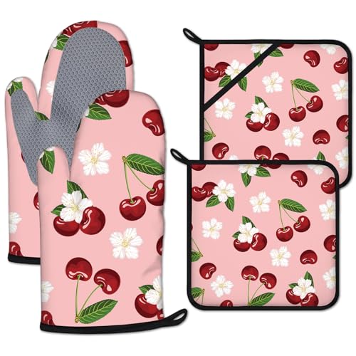 Cherry Oven Mitts and Pot Holders Sets Heat Resistant 4Pcs White Flower Potholders Oven Gloves Hot Pads for Kitchen Baking Cooking Grilling BBQ (Cherry Flower)
