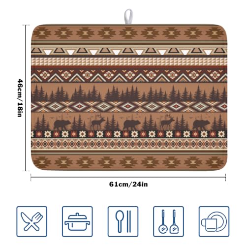 Rustic Bear Deer Dish Drying Mat Boho Ethnic Drainer Rack Pad 18x24 Inch Microfiber Absorbent Dish Sink Mat for Counter Kitchen Tableware (Rustic Bear Deer / 18x24 inch)