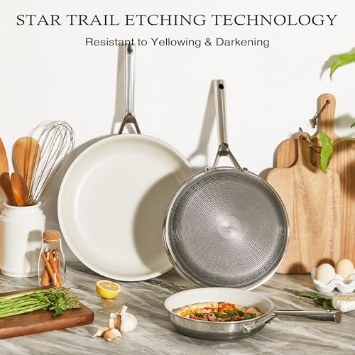 Non Stick Frying Pans Set (Beige White / 8-10-12 Inch)