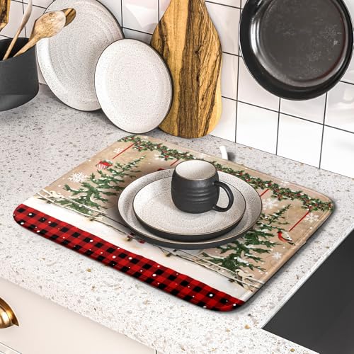 Winter Snowman Dish Drying Mat 16x18 Inch Red Buffalo Plaid Holiday Dish Drainer Mat Absorbent Dish Rack Pad for Kitchen Counter Sink Decor (Winter Snowman Bell / 16" x 18")