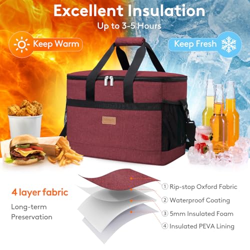 Cooler Bag 50 Cans Collapsible and Insulated Large Lunch Bag Leakproof Soft Cooler Portable for Camping (50-Can(30L) / Burgendy)