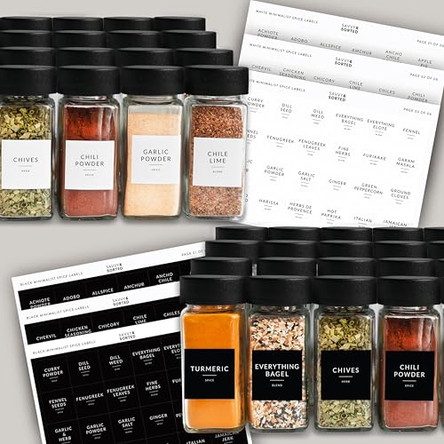Glass Spice Jars with Label 24 PK (Square Spice Jars with Black Lids)