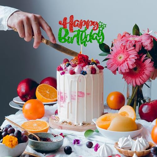 1Pcs Happy Birthday Cake Topper Glitter Happy Birthday Cake Pick for Christmas Theme Baby Shower Anniversary Party Decorations Supplies Red Green (Style 2 / Red Green)