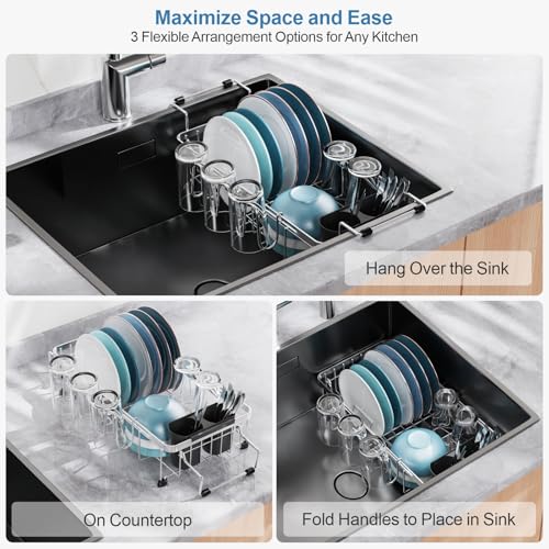 Small Sink Dish Drying Rack with Cup Holder (Silver - With Cup Holder / For 10"-30"W Sinks | 9"W Rack, with Cup Holder)