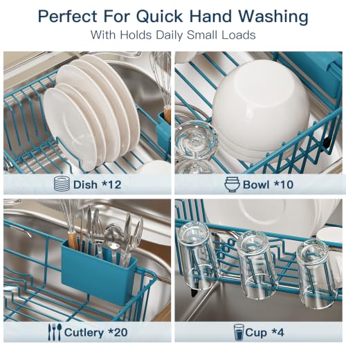 Blue Expandable Dish Drying Rack Over Sink with Extra Drainboard (Blue / For 11.5"-16" W Sink with Cup Holder & Drainboard)