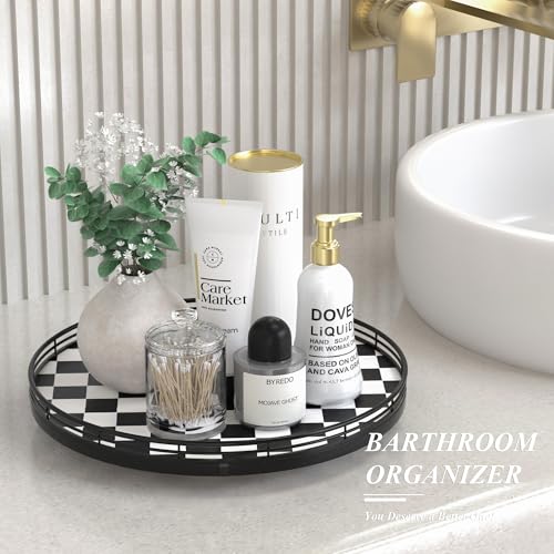 13 Inch Black and White Checkerboard Lazy Susan with Oak Wood Base (Black & White / 13 inches)