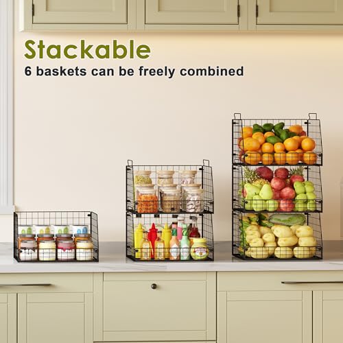 6 Pack Stackable Wire Baskets for Pantry (6 Pack—Wide 15.4"W x11.8"D)