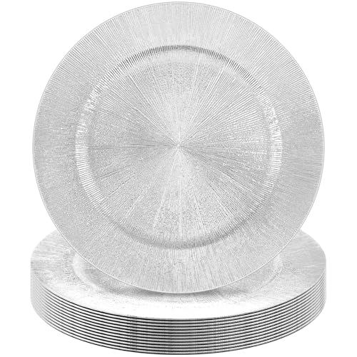 12 Pcs Silver Charger Plates 13 Inch Round Ruffled Rim Bulk (Modern Style / Silver)