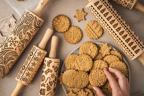 CHRISTMAS FUN 3 Kid Rolling Pin Set. Wooden Laser Cut Embossing Cut Mini Rolling Pins for Embossed Cookies. Gift for Kid