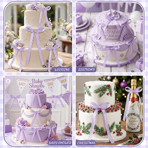 30 Pack Bow Cake Toppers Purple Gingham Ribbon Bows for Cake (Purple Gingham)
