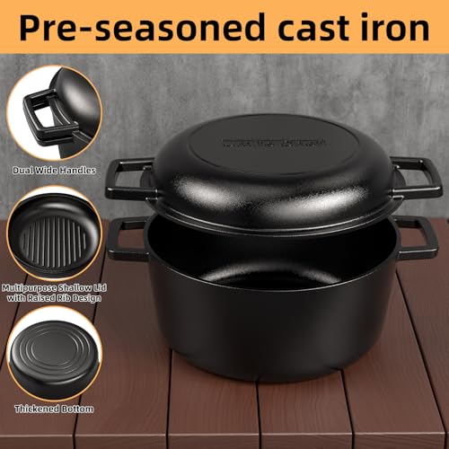 2-in-1 Pre-Seasoned Cast Iron Double Dutch Oven Pot with Skillet Lid & Silicone Sleeves – Raised Rib Skillet Lid– Umite Chef 7QT Cast Iron Skillet Cookware Pan Set wirh Dual Handles – Oven, Grill, Campfire & Stovetop Safe –PFAS-Free (7QT)