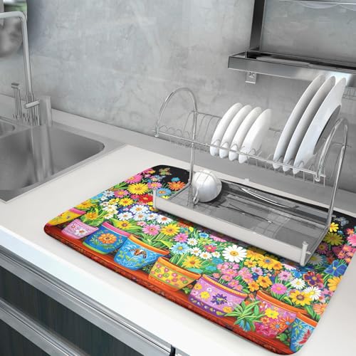 Vintage Flowers Dish Drying Mats Spring Floral Drying Matt Kitchen Counter 18x24 (Vintage Flowers Colorful / 24" x 18")