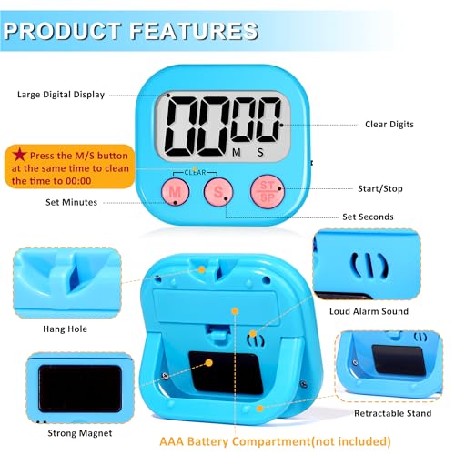 Digital Kitchen Timers for Cooking Kids Blue Green 6 Pack (6 Count)
