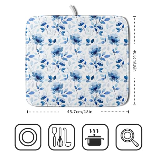 Blue Floral Dish Drying Mat 16x18 inch Flower Leaves Dish Rack Pad Microfiber Washable Dishes Drainer Pad Kitchen Countertop Accessories (Blue Floral / 16 x 18 inch)